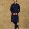 Mens Devnaagri Mens | Navy Pintuck Cotton Silk Kurta Set