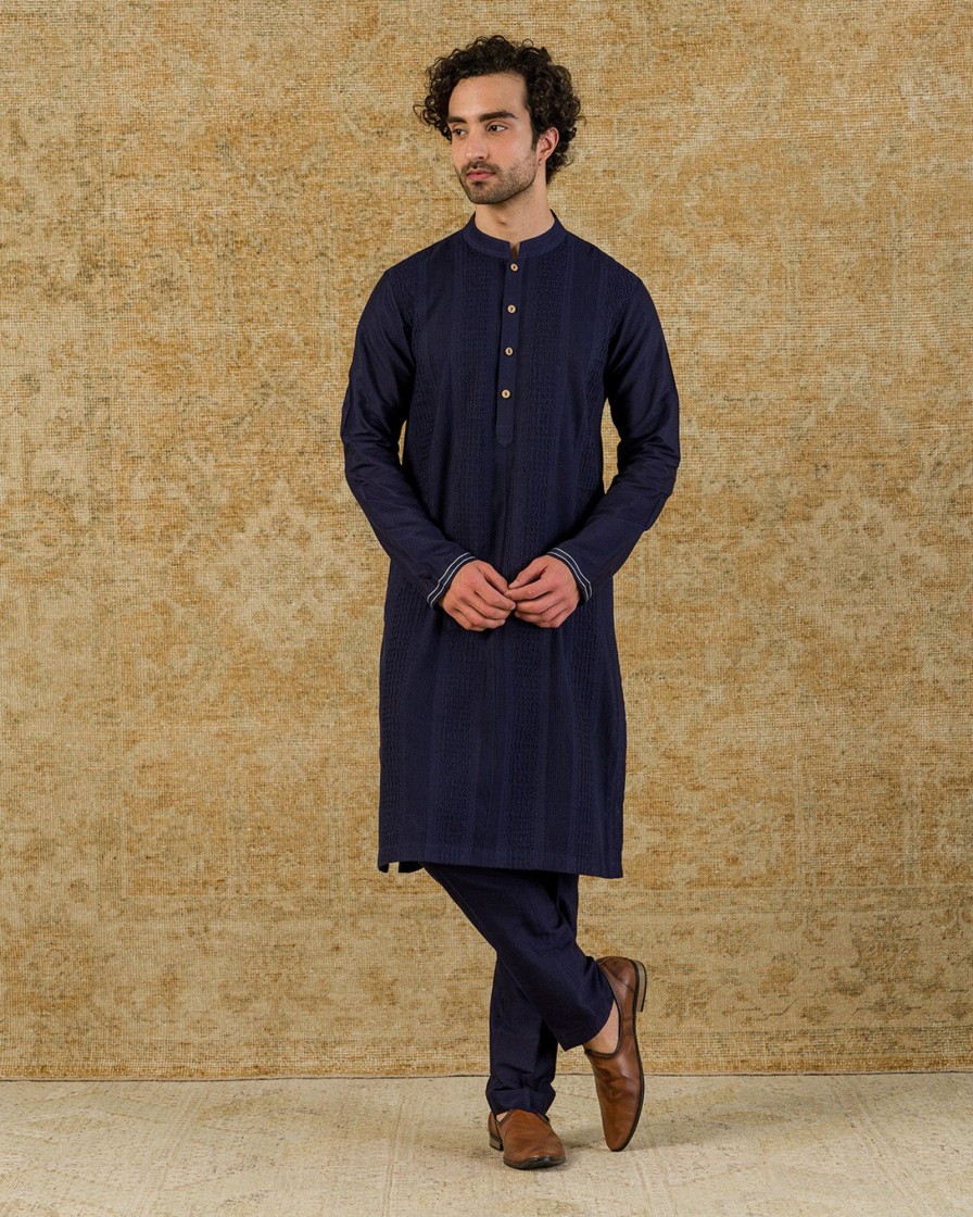 Mens Devnaagri Mens | Navy Pintuck Cotton Silk Kurta Set