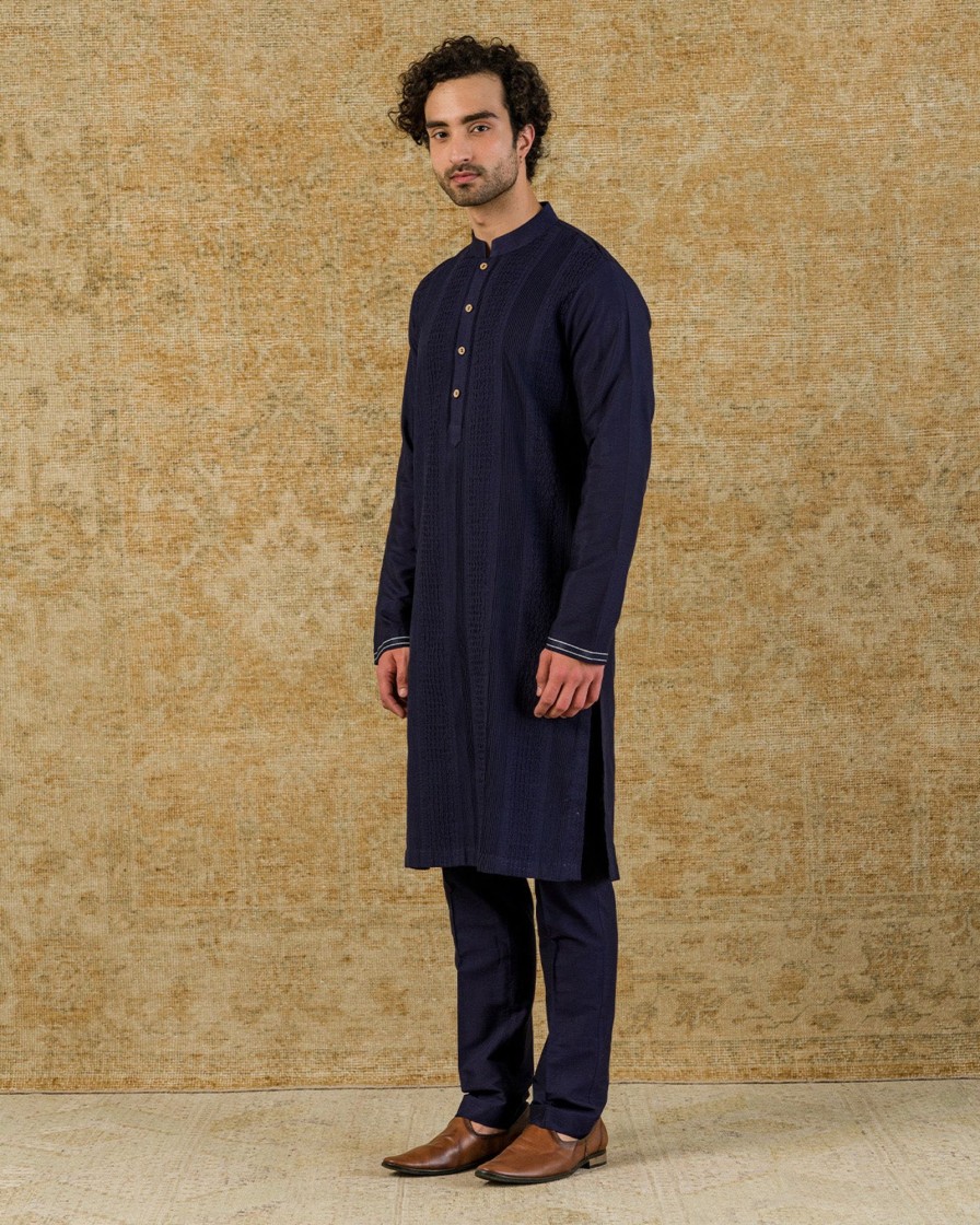 Mens Devnaagri Mens | Navy Pintuck Cotton Silk Kurta Set