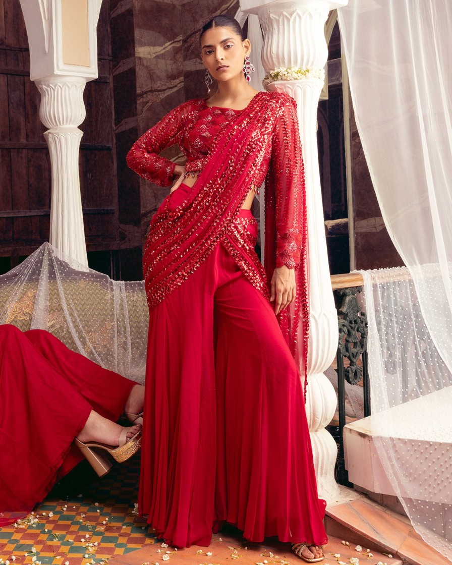 Womens Diya Rajvvir | Crimson Red Embroidered Pant Sari Set