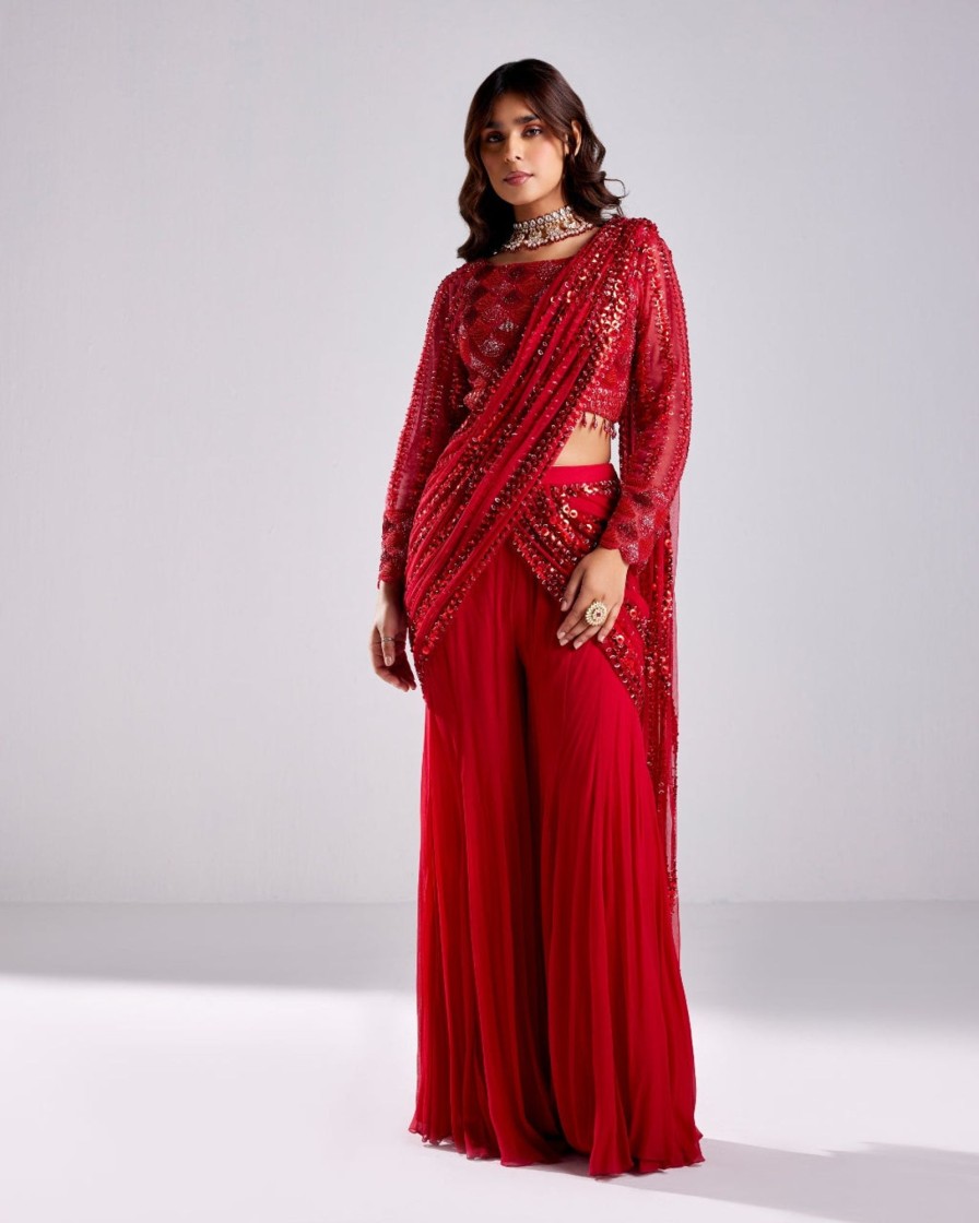 Womens Diya Rajvvir | Crimson Red Embroidered Pant Sari Set