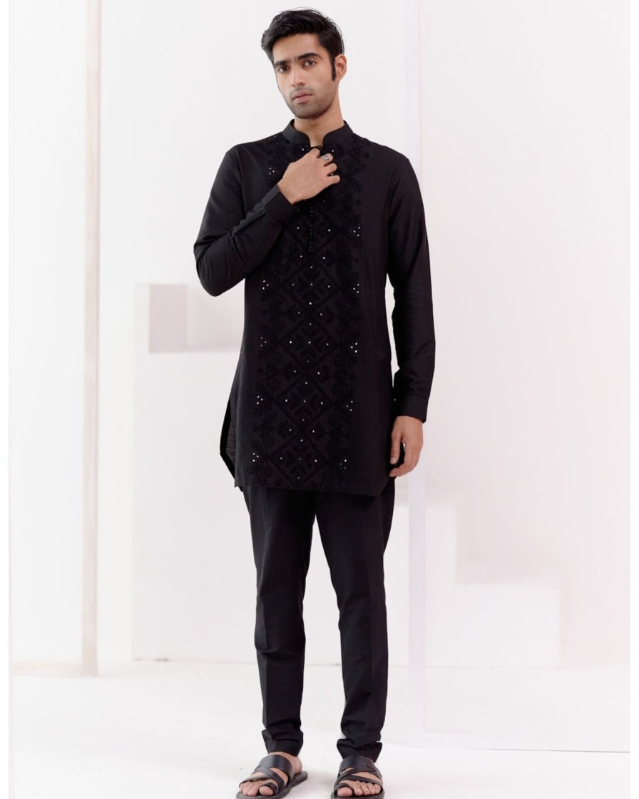 Mens Devnaagri Mens | Black Cotton Silk Blend Fully Embroidered Kurta Set