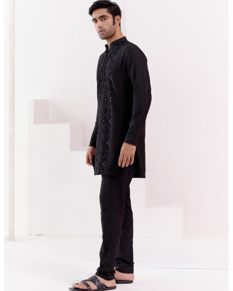 Mens Devnaagri Mens | Black Cotton Silk Blend Fully Embroidered Kurta Set