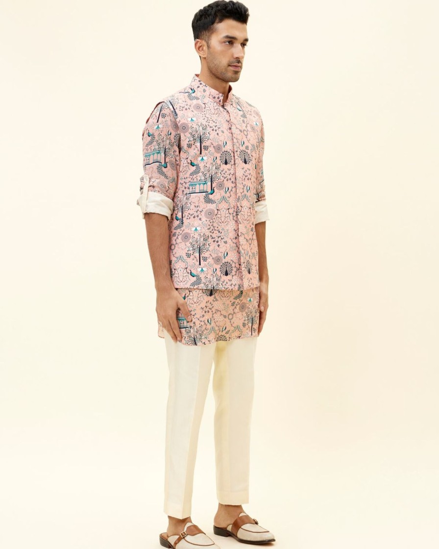 Mens SVA Menswear | Pink Printed Kurta Set With Bandi