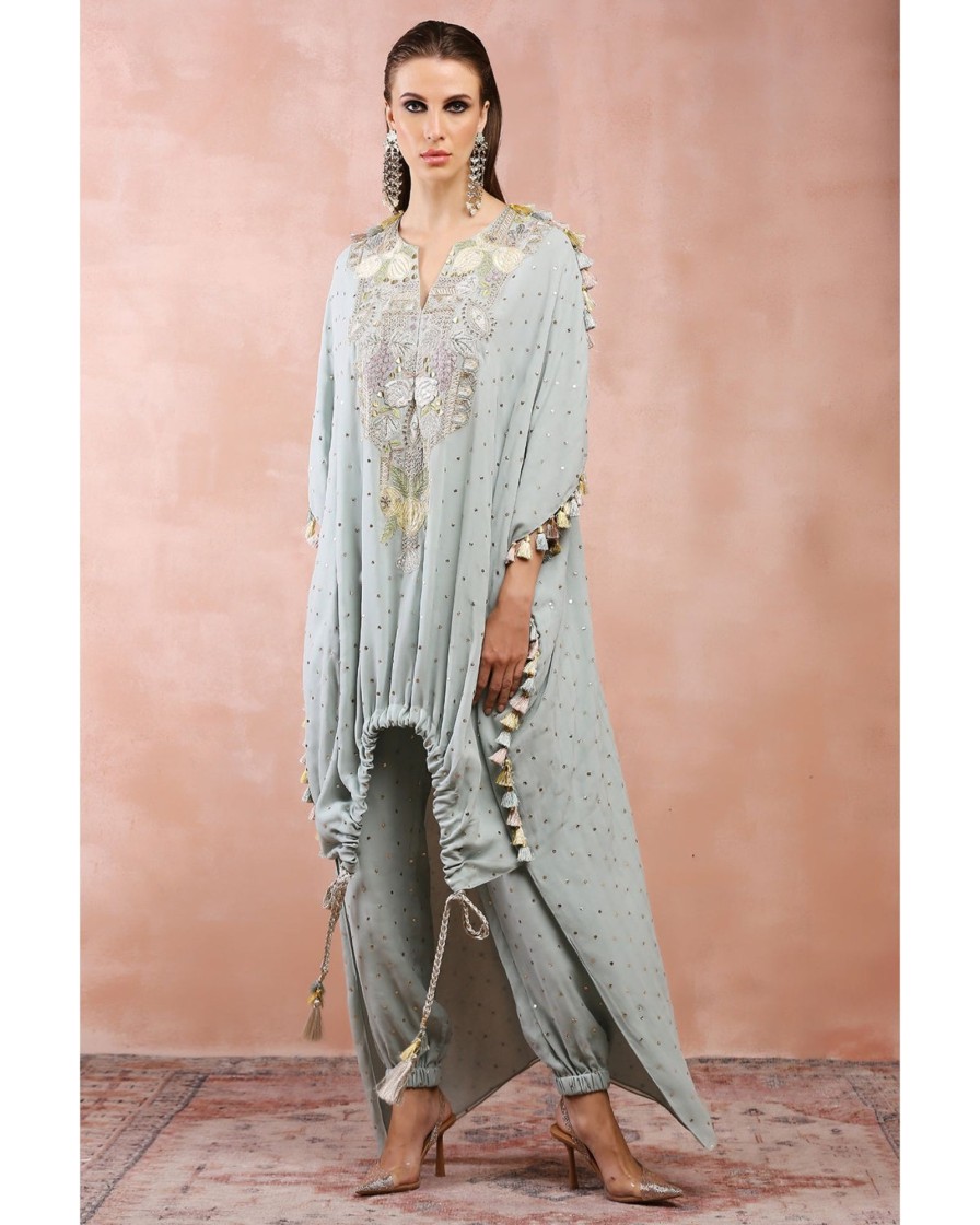 Womens Payal Singhal | Powder Blue Applique Embroidered High Low Kurta With Jogger Pant