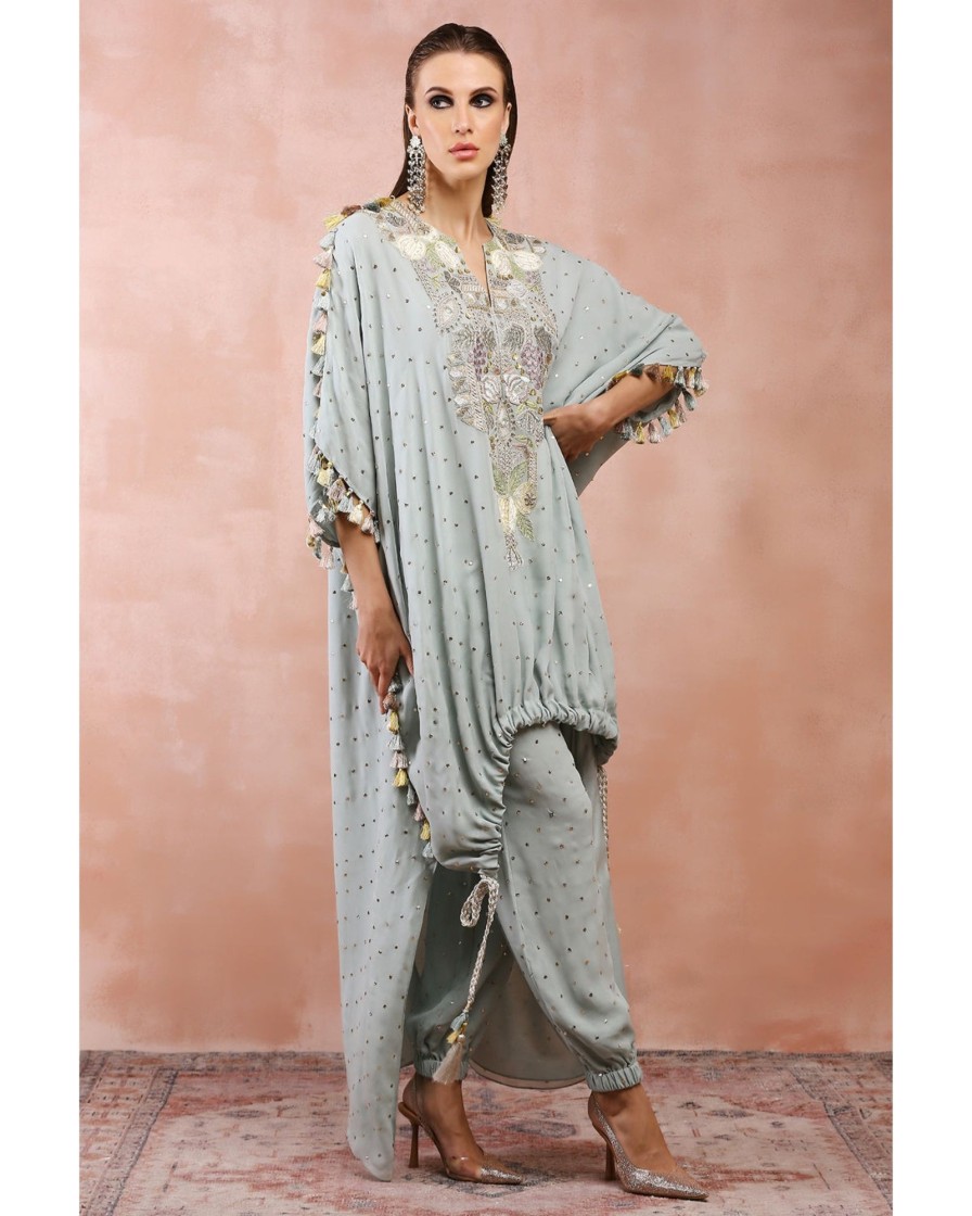 Womens Payal Singhal | Powder Blue Applique Embroidered High Low Kurta With Jogger Pant