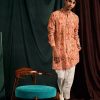 Mens Project Bandi | Salmon Garden Of Eden Cotton Kurta With Cream Pajama Set