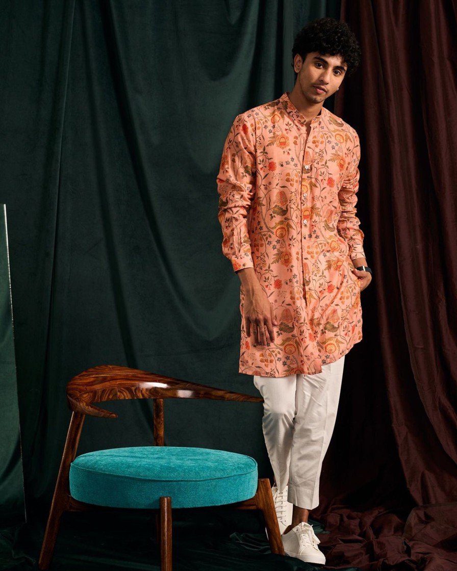 Mens Project Bandi | Salmon Garden Of Eden Cotton Kurta With Cream Pajama Set