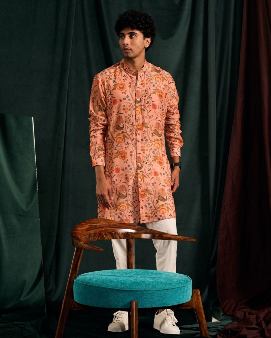 Mens Project Bandi | Salmon Garden Of Eden Cotton Kurta With Cream Pajama Set