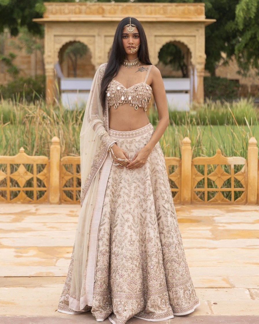 Bridal Arpita Mehta | Coconut U0026 Rose Gold Embroidered Lehenga Set