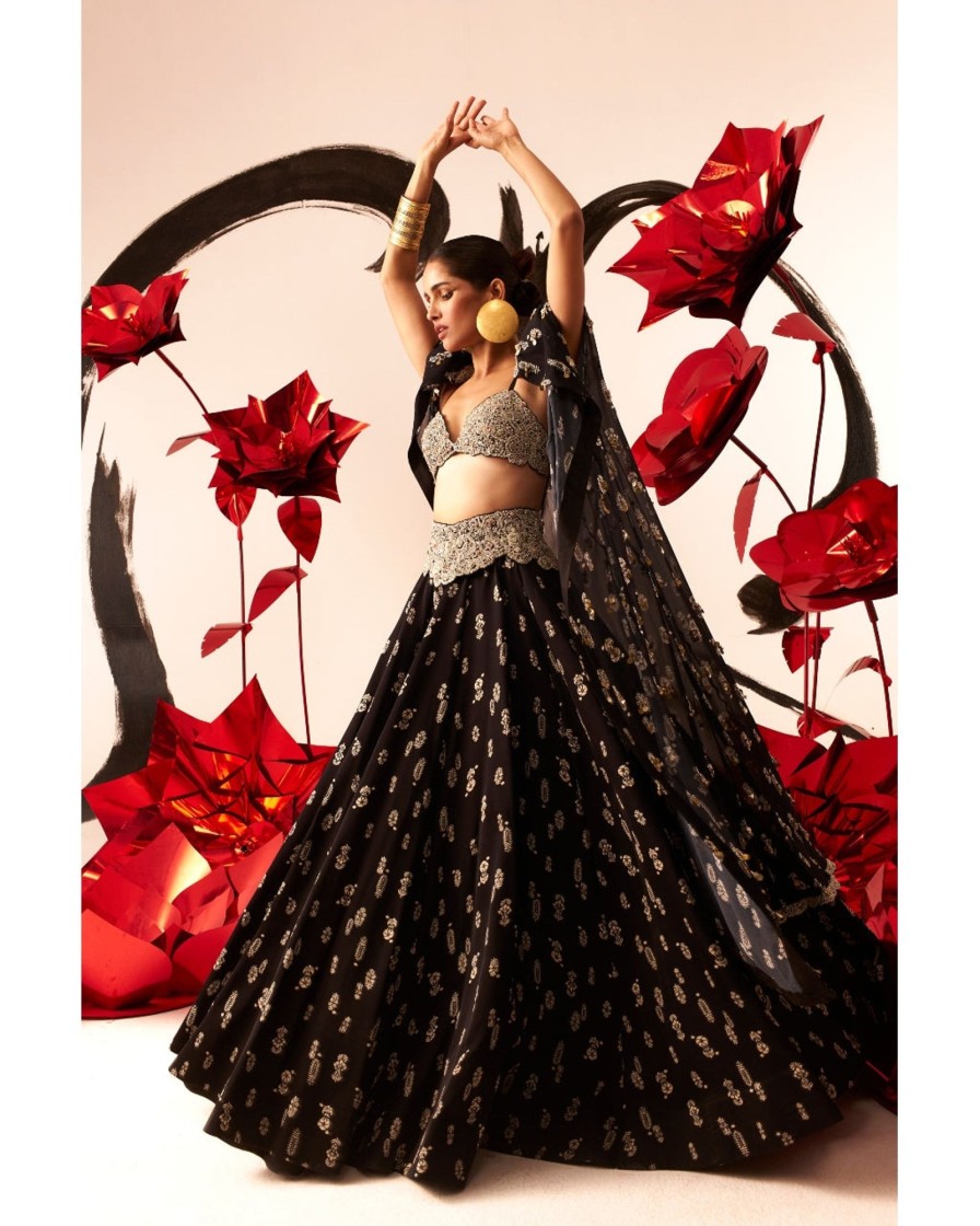 Womens Bhumika Sharma | Black Floret Lehenga U0026 Cape Set