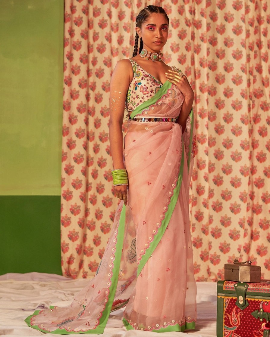 Womens Siddhartha Bansal | Powder Pink Silk Organza Embroidered Sari Set