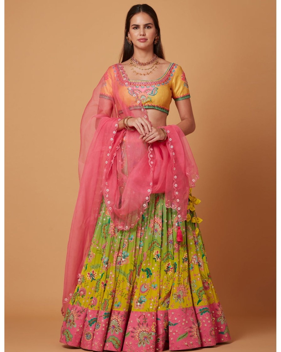 Womens Siddhartha Bansal | Yellow-Green Ombre Embroidered Lehenga Set