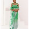 Womens Devnaagri | Green Embroidered Ombre Organza Sari