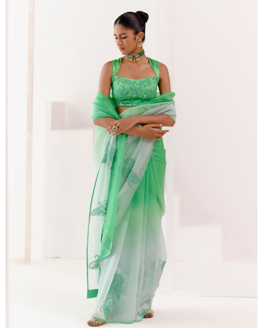 Womens Devnaagri | Green Embroidered Ombre Organza Sari