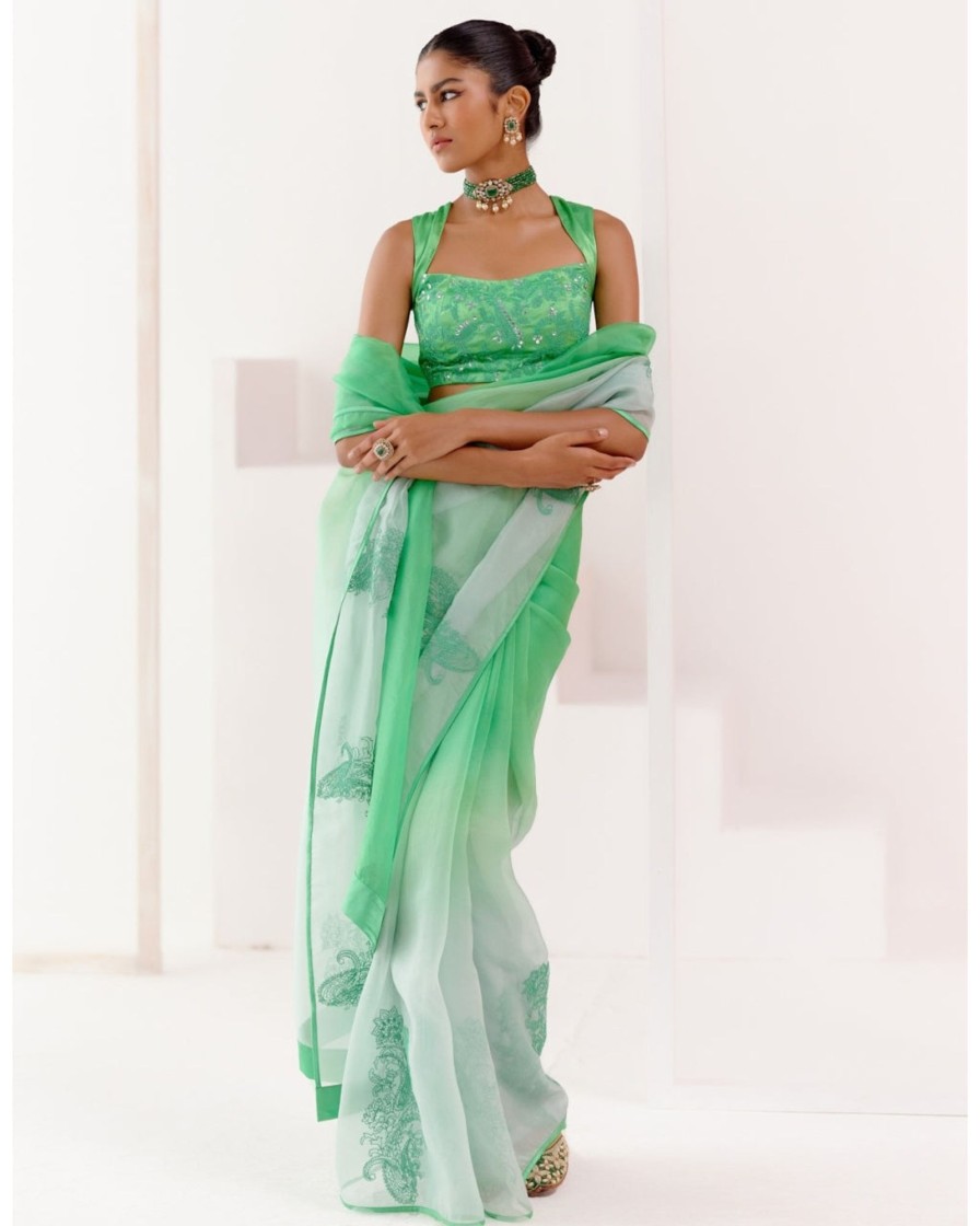 Womens Devnaagri | Green Embroidered Ombre Organza Sari