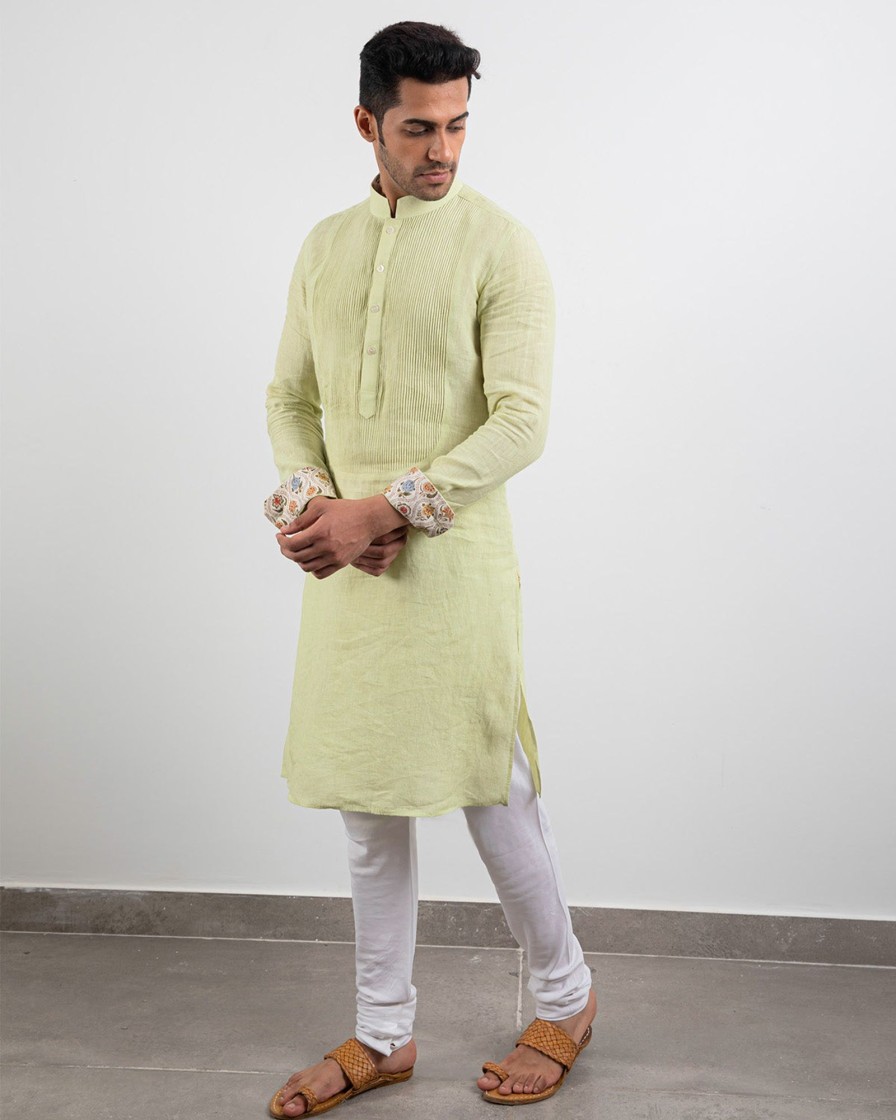 Mens Arjan Dugal | Lime Cream Pintuck Kurta Set