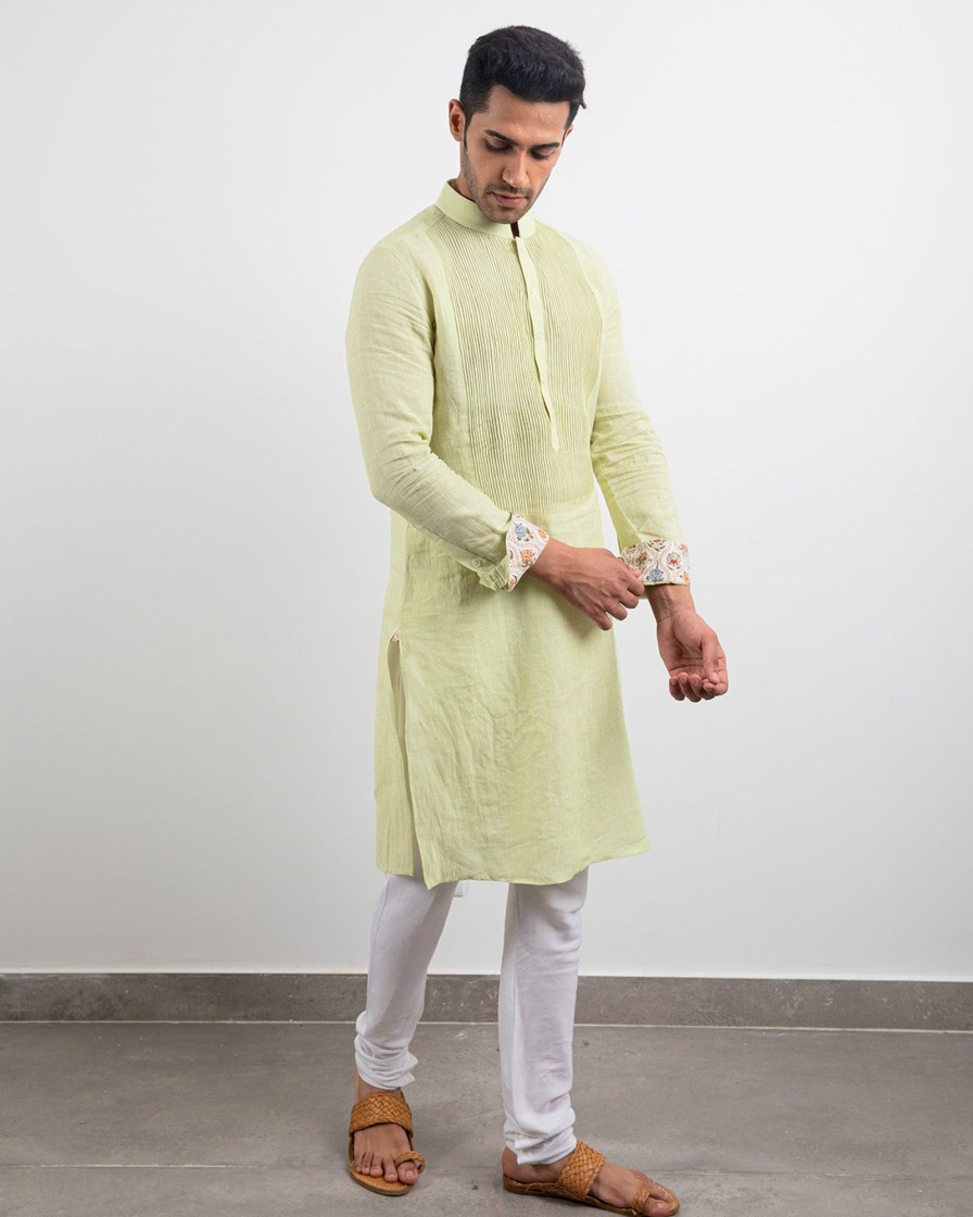 Mens Arjan Dugal | Lime Cream Pintuck Kurta Set