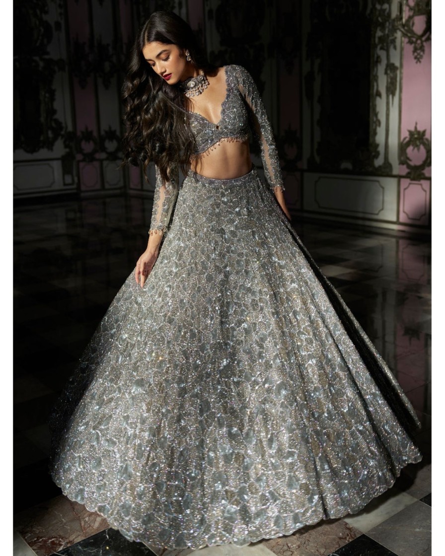 Bridal Seema Gujral | Silver Abstract Lehenga Set