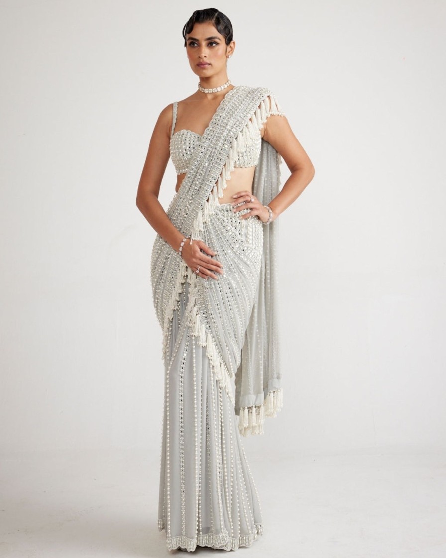 Womens Vvani by Vani Vats | Powder Grey Chandelier Pearl Drop Sari Set