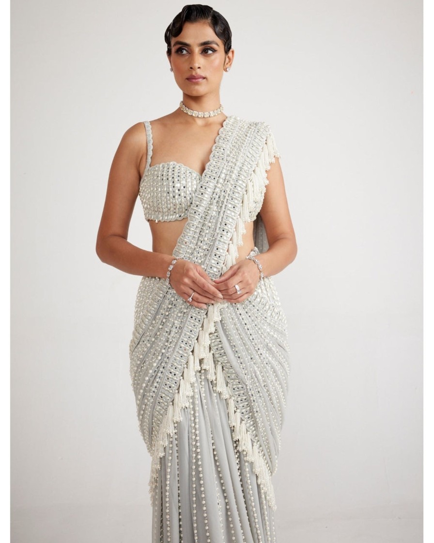 Womens Vvani by Vani Vats | Powder Grey Chandelier Pearl Drop Sari Set