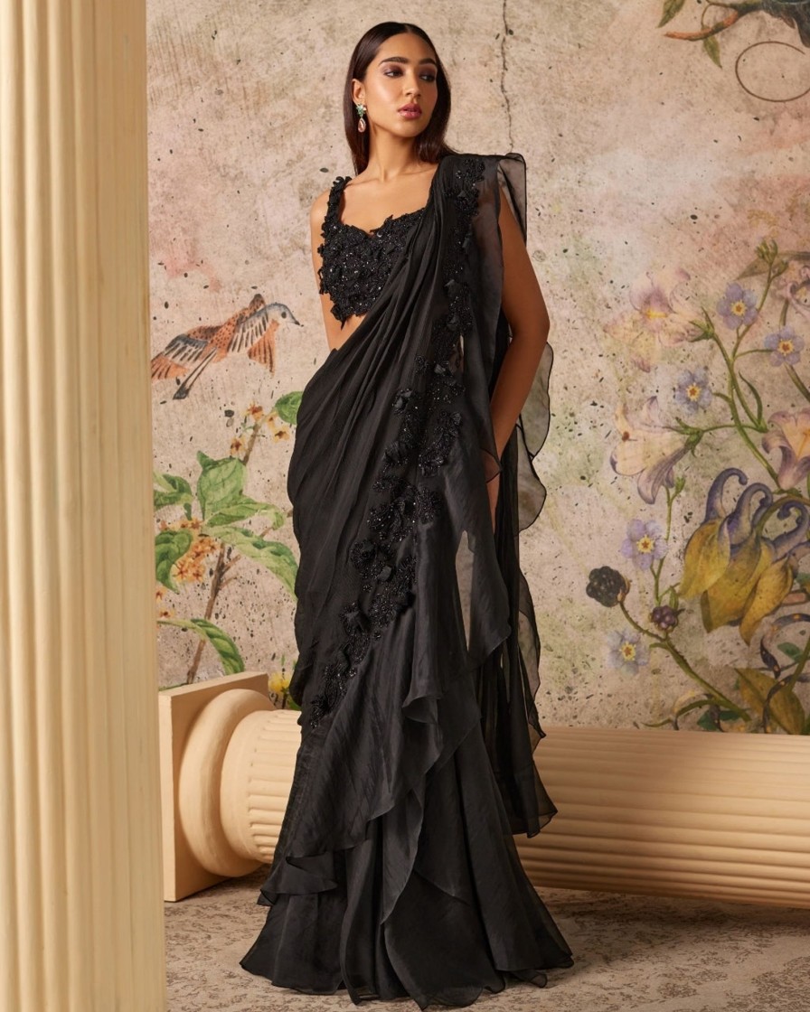 Womens Ridhi Mehra | Black Dainty Sari Set