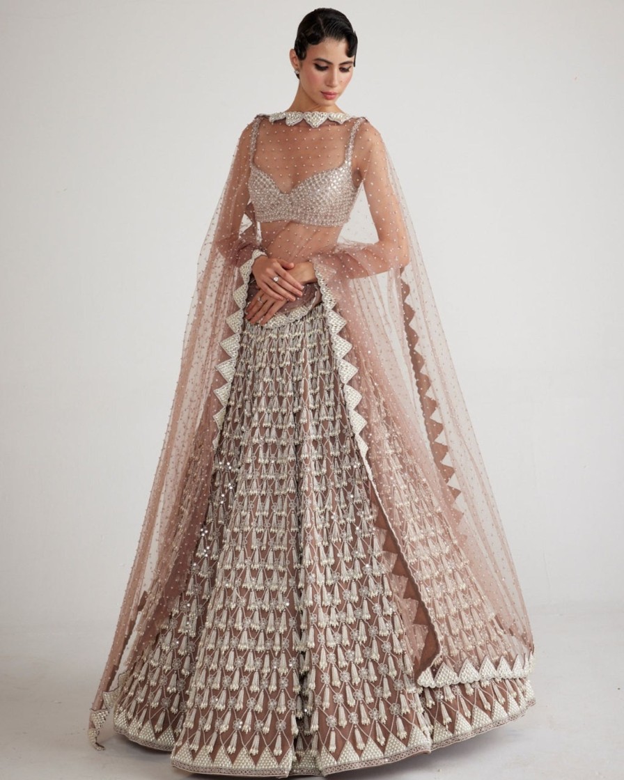 Womens Vvani by Vani Vats | Deep Beige Chandelier Pearl Drop Lehenga Set