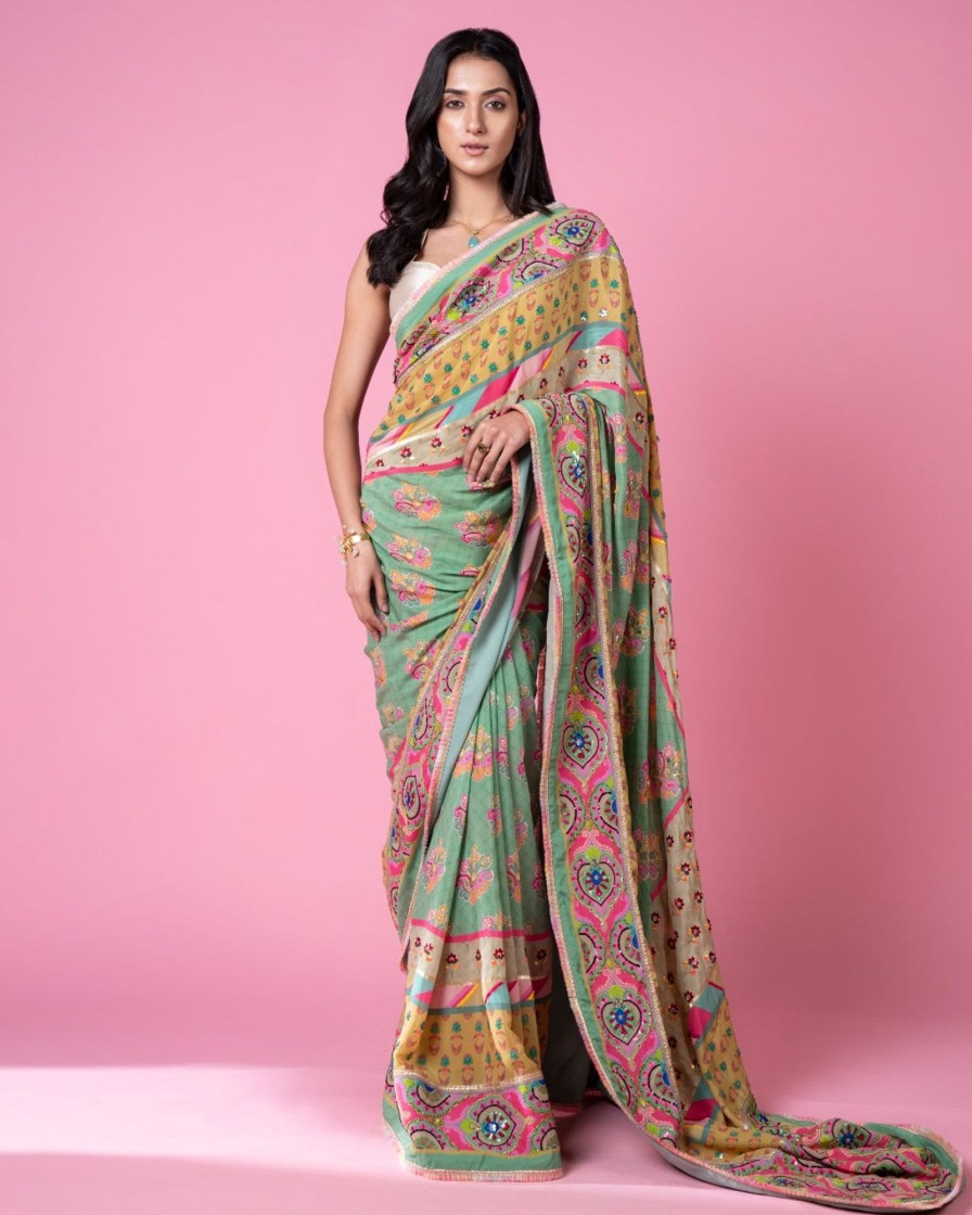 Womens Siddhartha Bansal | Sage Green Multi Border Embroidered Sari Set