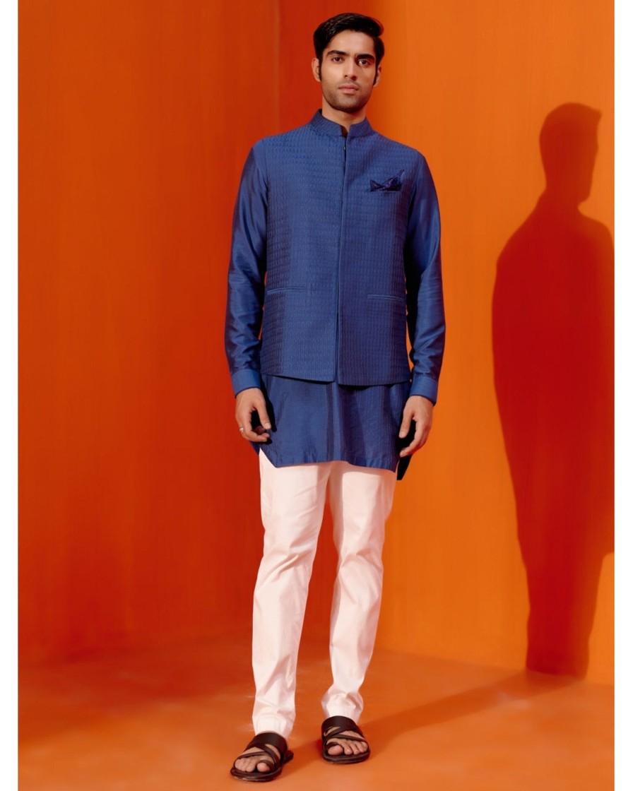 Mens Devnaagri Mens | Royal Blue Kurta Set With Pin Tucks Bundi