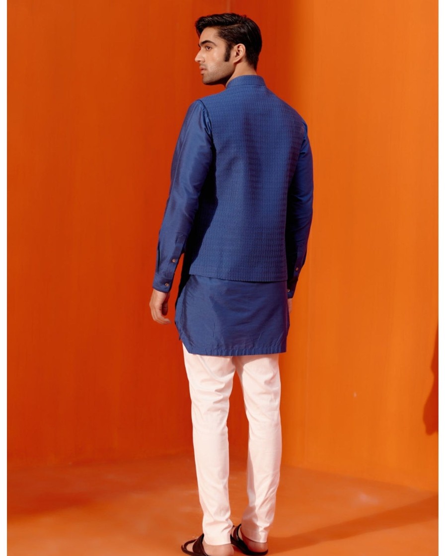 Mens Devnaagri Mens | Royal Blue Kurta Set With Pin Tucks Bundi