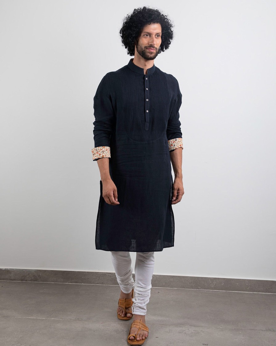 Mens Arjan Dugal | Navy Linen Pintuck Kurta Set