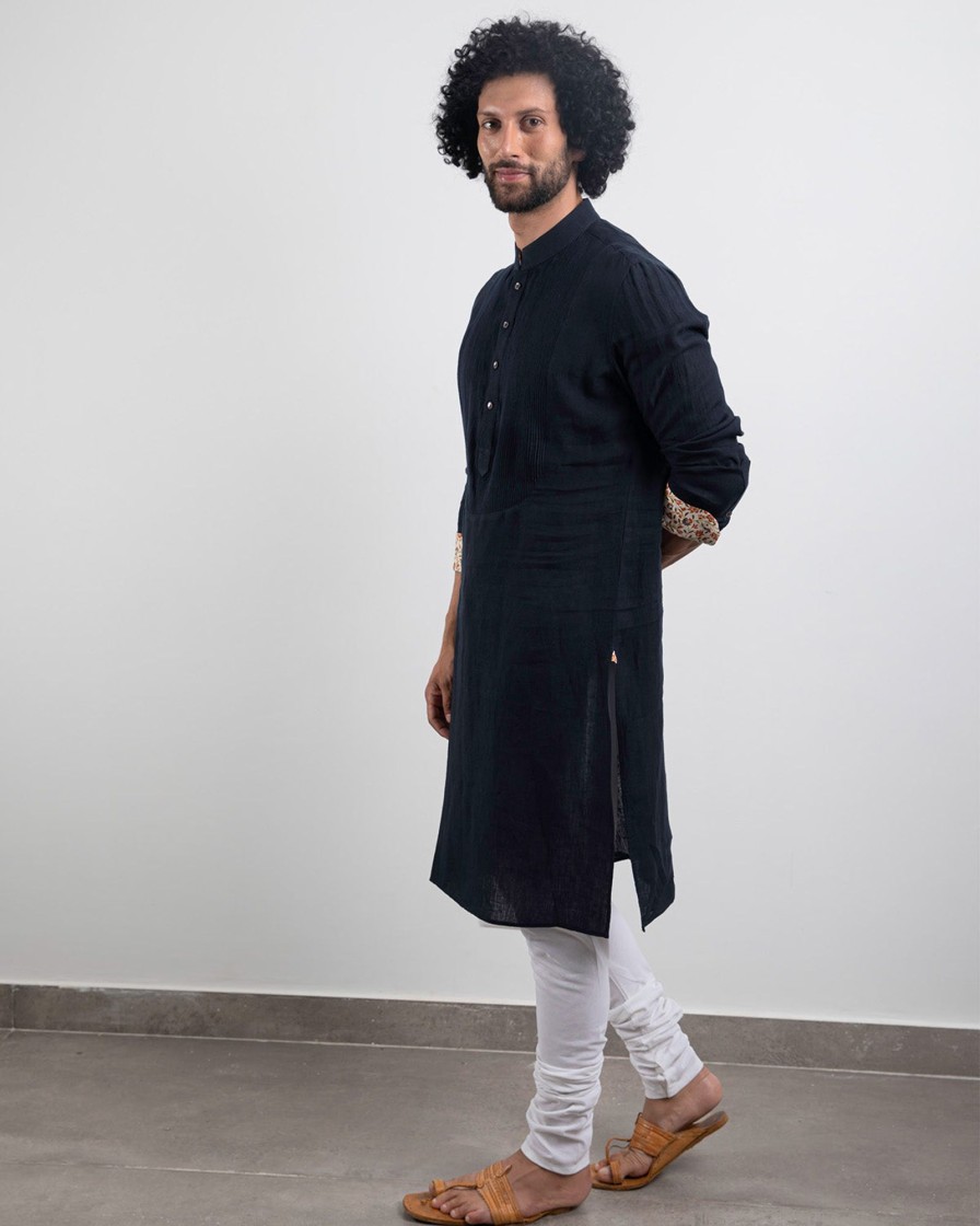 Mens Arjan Dugal | Navy Linen Pintuck Kurta Set