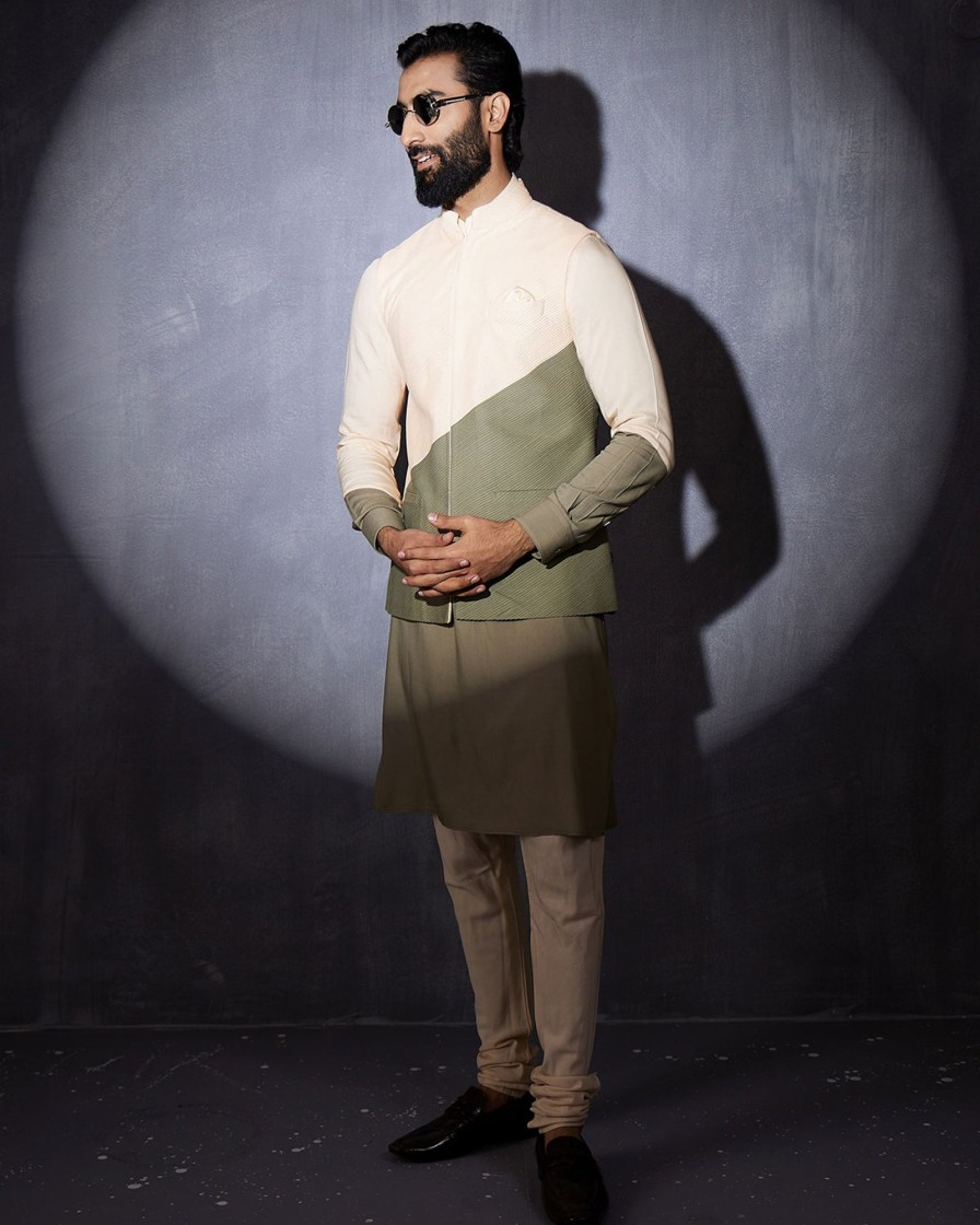 Mens Arjan Dugal | Peach And Olive Colorblock Kurta Set