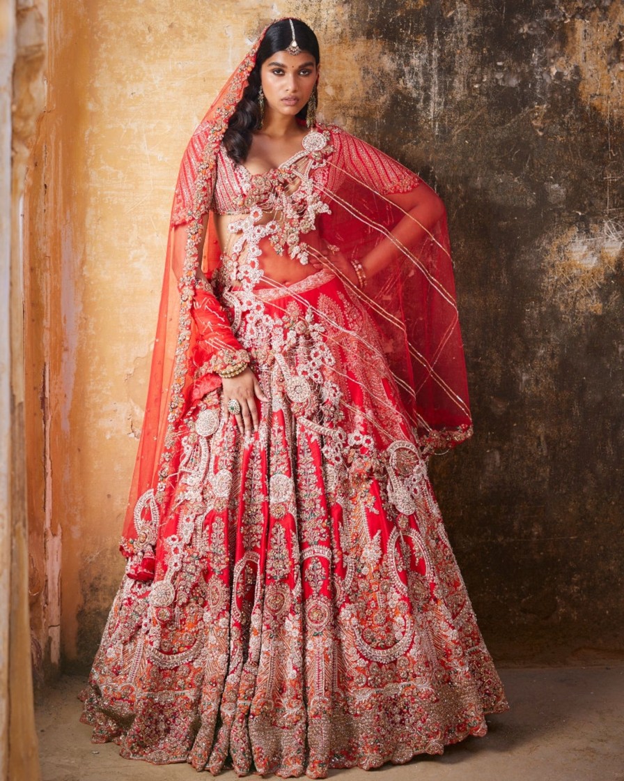 Womens Dolly J | Persephone Red Raw Silk Bridal Lehenga