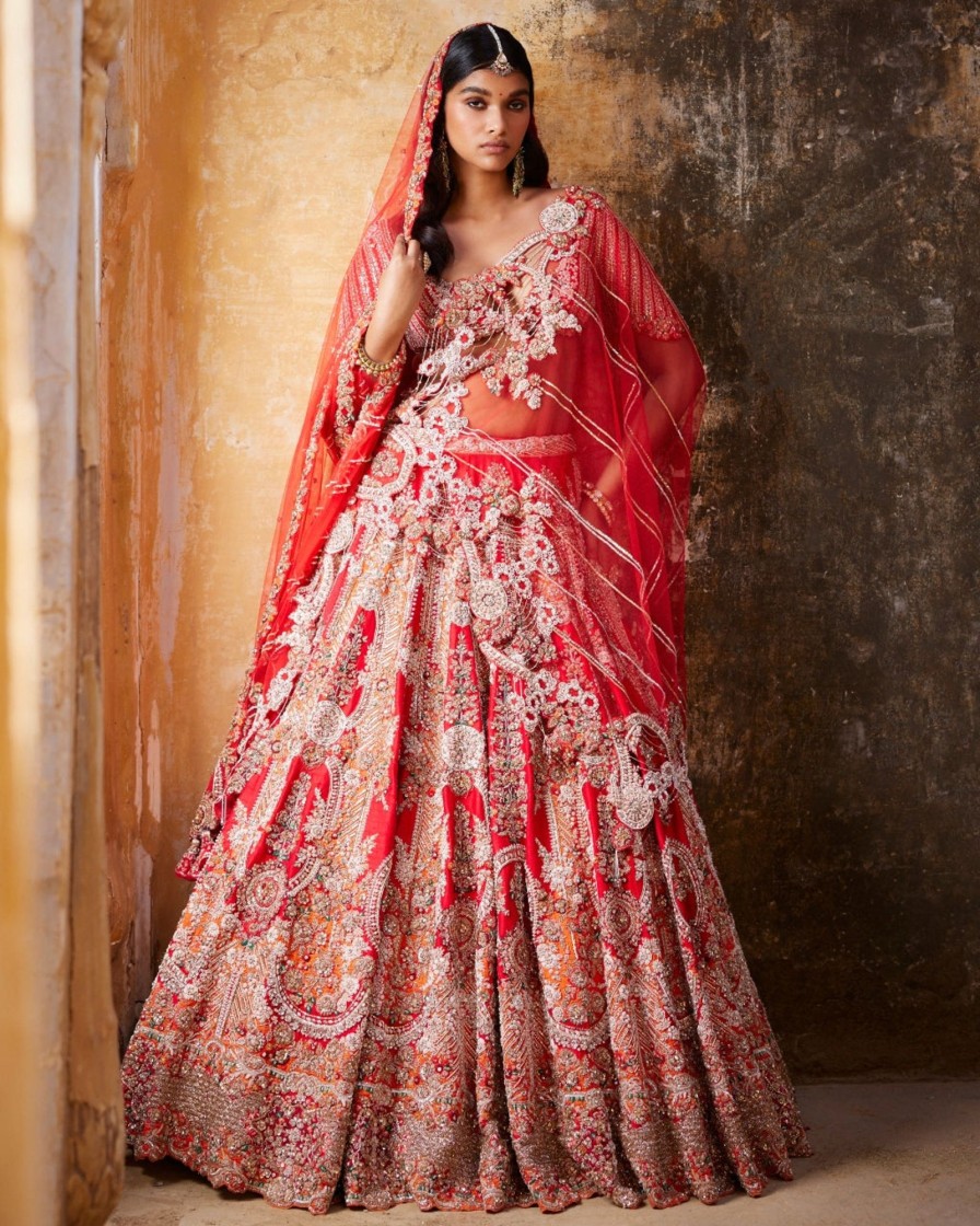 Womens Dolly J | Persephone Red Raw Silk Bridal Lehenga