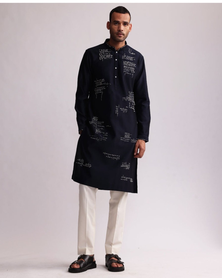 Mens Country Made | Navy Asemic Placement Kurta Set