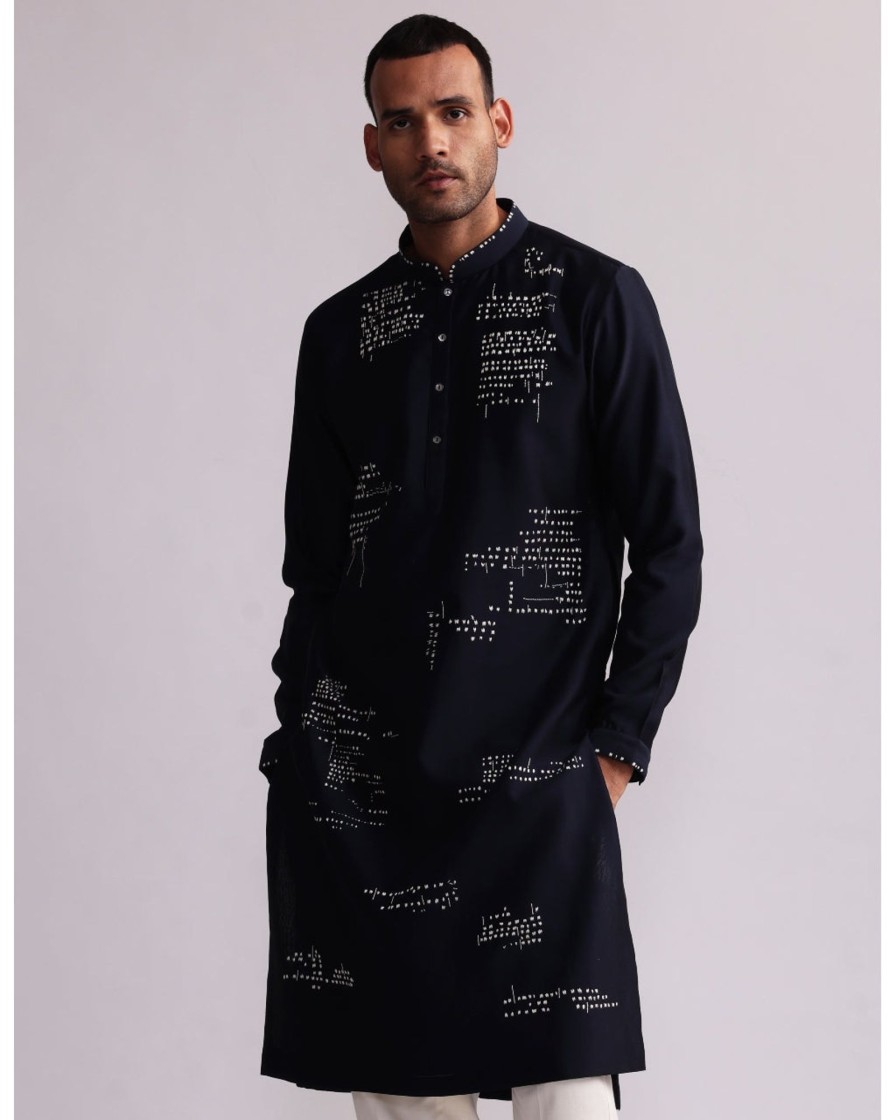 Mens Country Made | Navy Asemic Placement Kurta Set