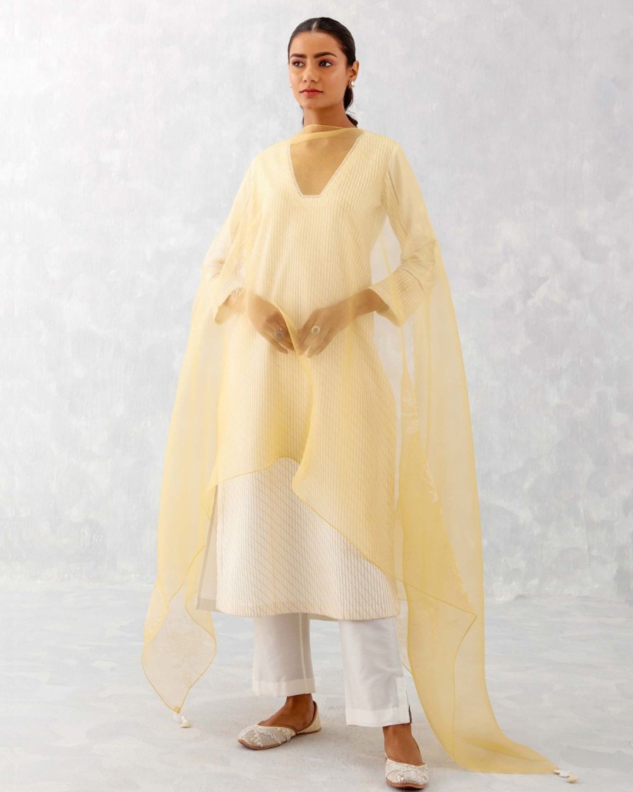 Womens Devnaagri | Ivory Mango Pintucks Embroidered Kurta Set