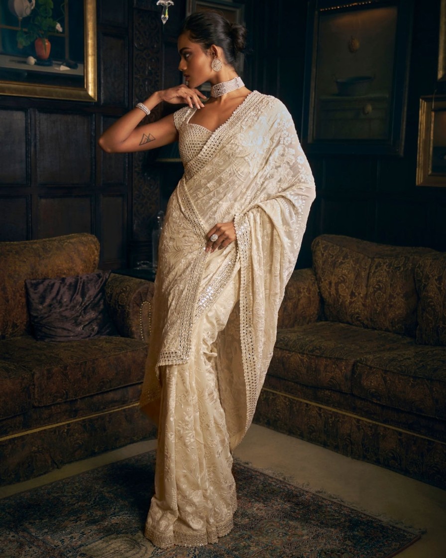 Womens Seema Gujral | Ivory Thread Work Sari Set