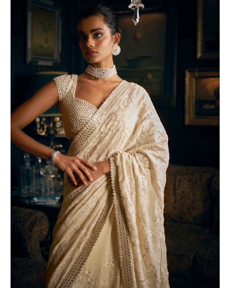 Womens Seema Gujral | Ivory Thread Work Sari Set