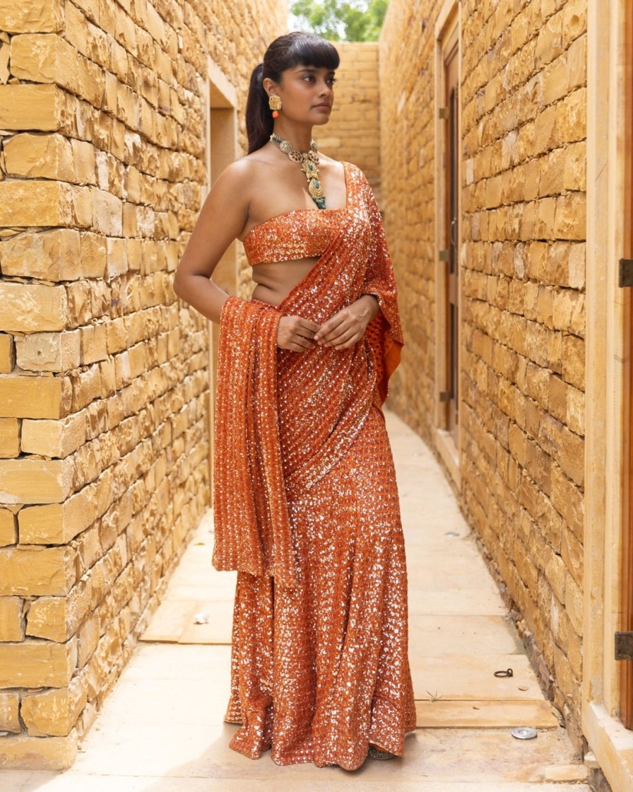 Womens Arpita Mehta | Toasted Orange Sequins Embroidered Sari Set