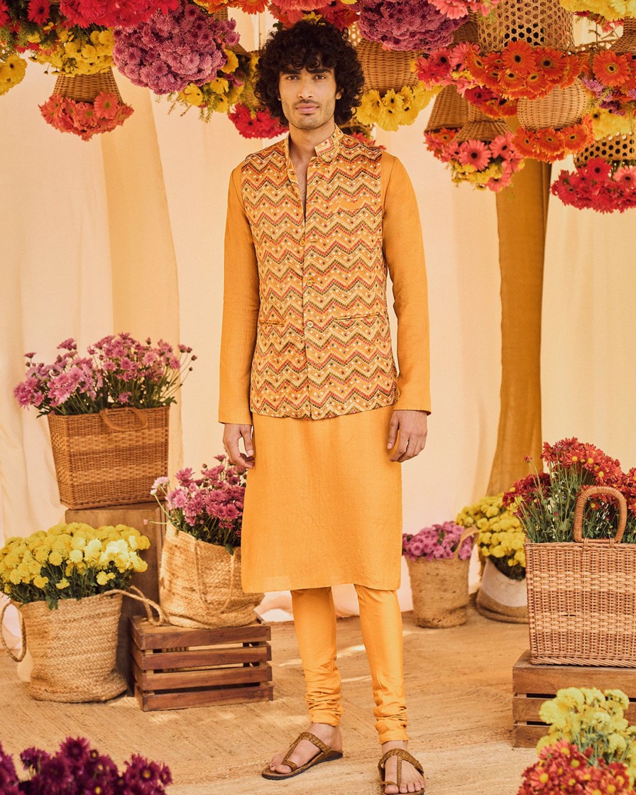 Mens Punit Balana Menswear | Mustard Kurta Set With Embellished Bandi