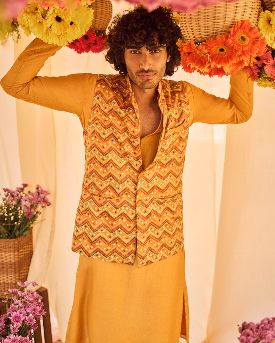 Mens Punit Balana Menswear | Mustard Kurta Set With Embellished Bandi