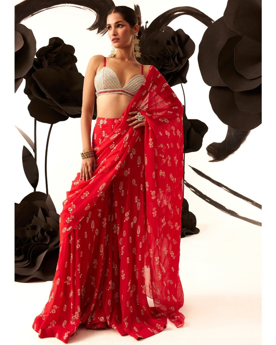 Womens Bhumika Sharma | Red Floret Palazzo Sari