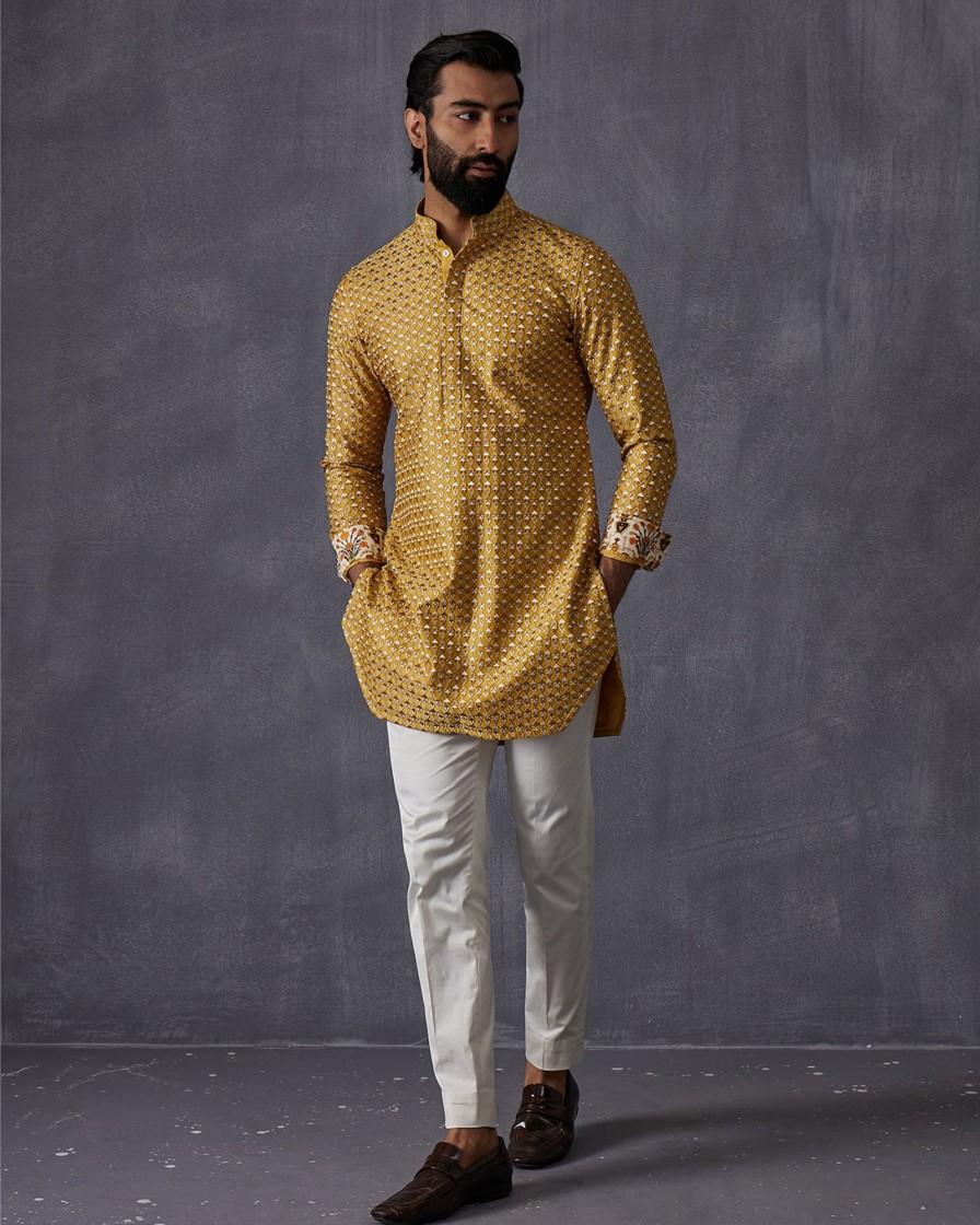 Mens Arjan Dugal | Mustard Embroidered Kurta Set