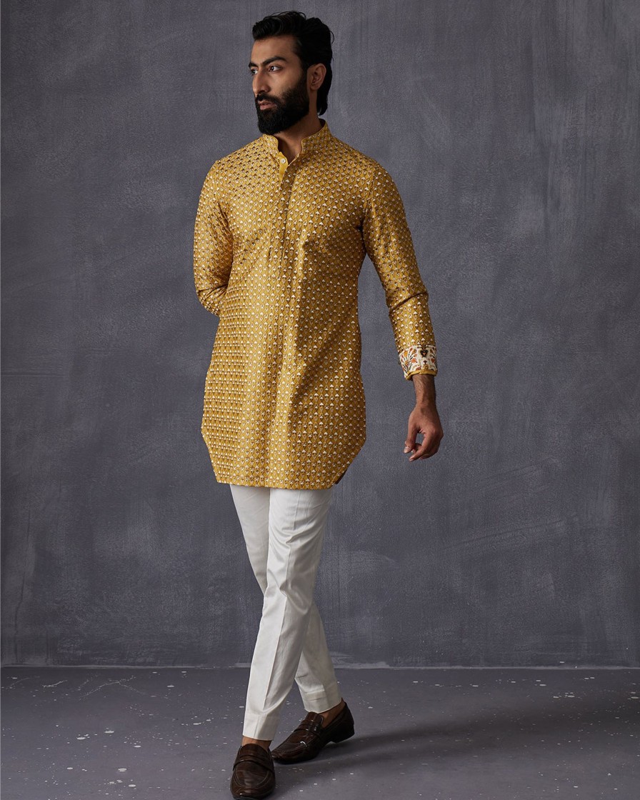 Mens Arjan Dugal | Mustard Embroidered Kurta Set