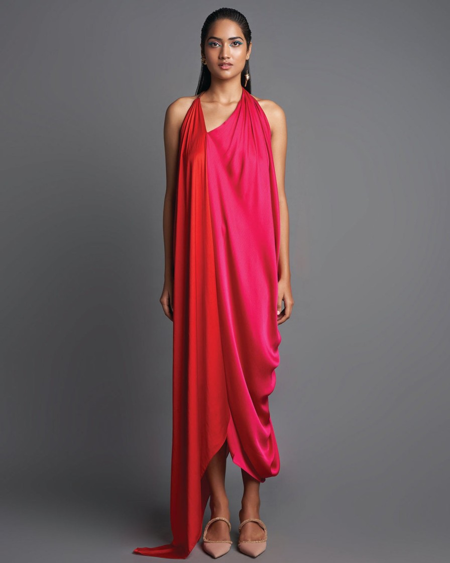 Womens Amit Aggarwal | Pink U0026 Red Asymmetric Draped Dress