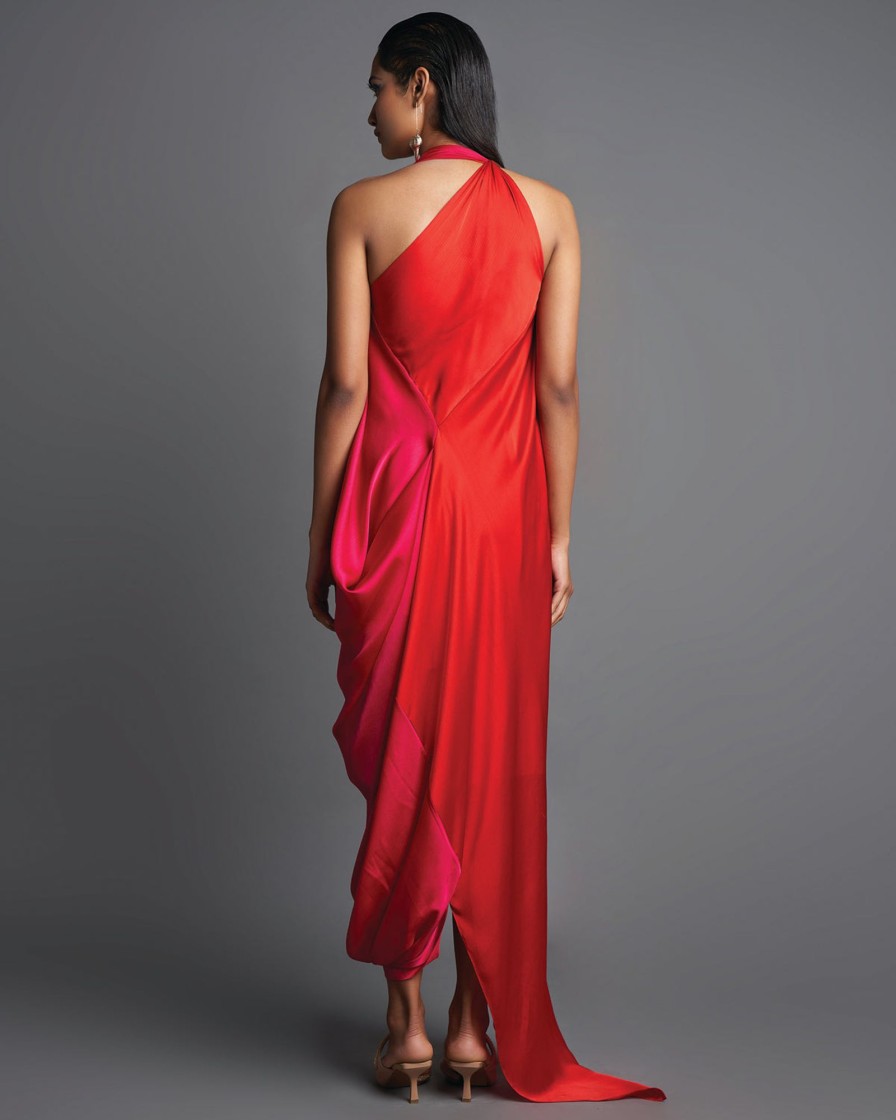 Womens Amit Aggarwal | Pink U0026 Red Asymmetric Draped Dress