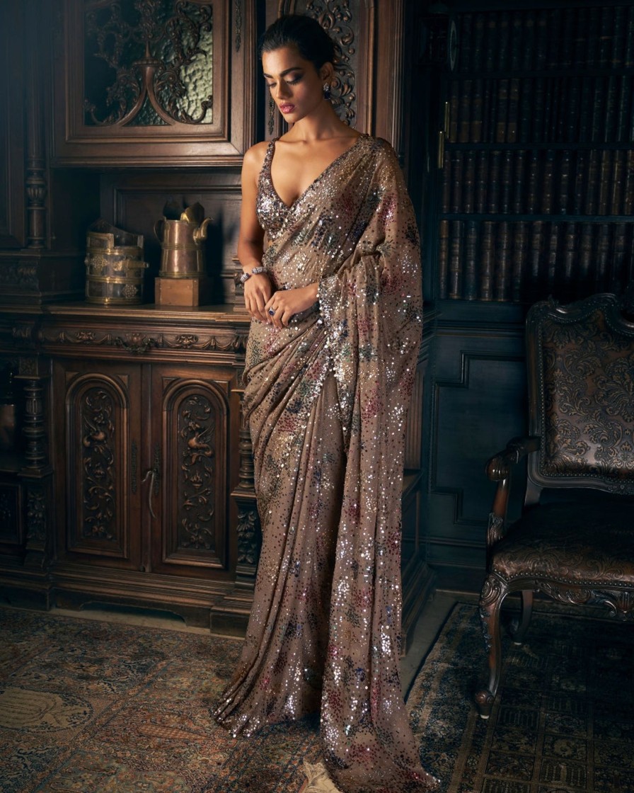 Womens Seema Gujral | Ash Grey Sequin Sari Set