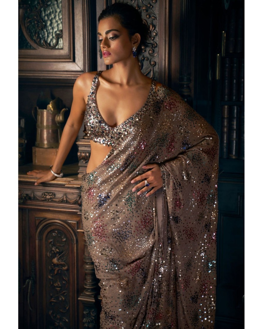 Womens Seema Gujral | Ash Grey Sequin Sari Set